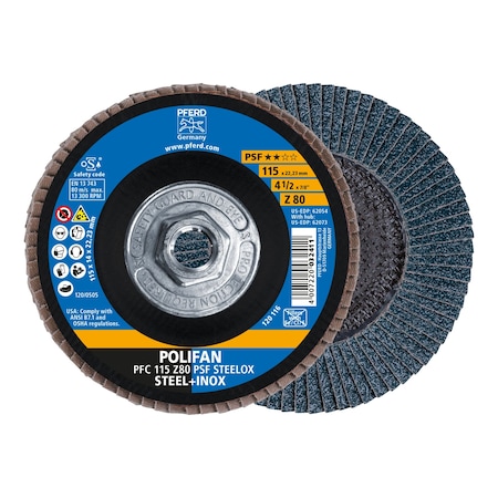 Pferd 4-1/2" x 5/8-11 Thd. POLIFAN Flap Disc - Z PSF STEELOX, Zirconia, 80 Grit, Conical 62073